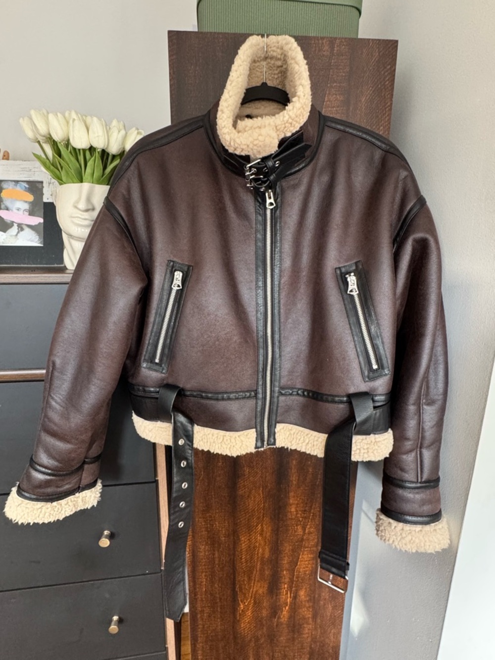 Zara Women's Double-Faced Short Jacket in brown faux shearling
